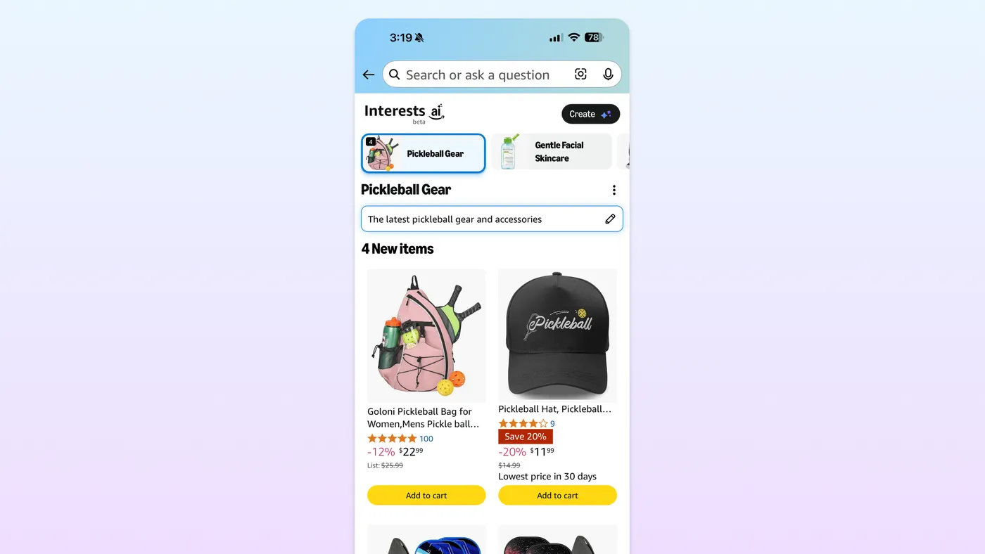 A brand image of the Amazon Interests tool in the mobile app
