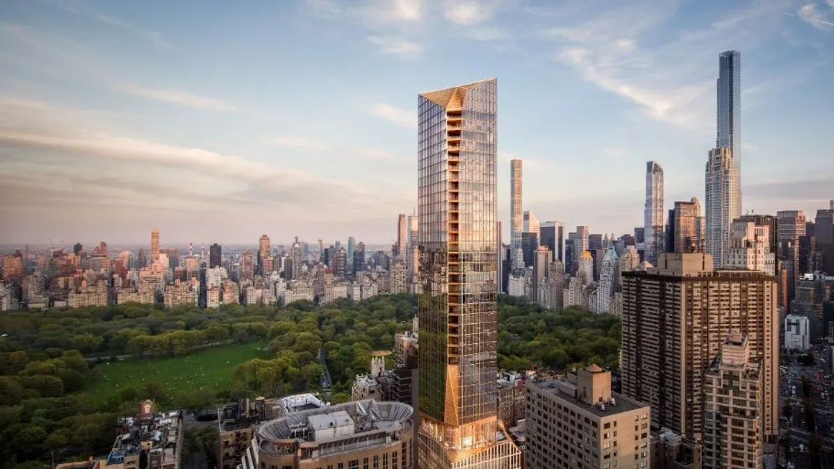 A rendering of a modern building in the New York City skyline.