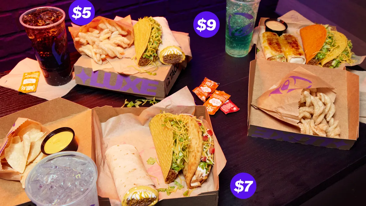 Taco Bell's $5, $7 and $9 luxe boxes. Each combo meal contains several items, a side and a drink.