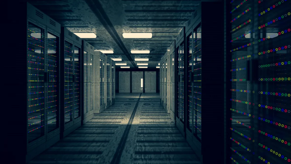 Servers racks in server room cloud data center.