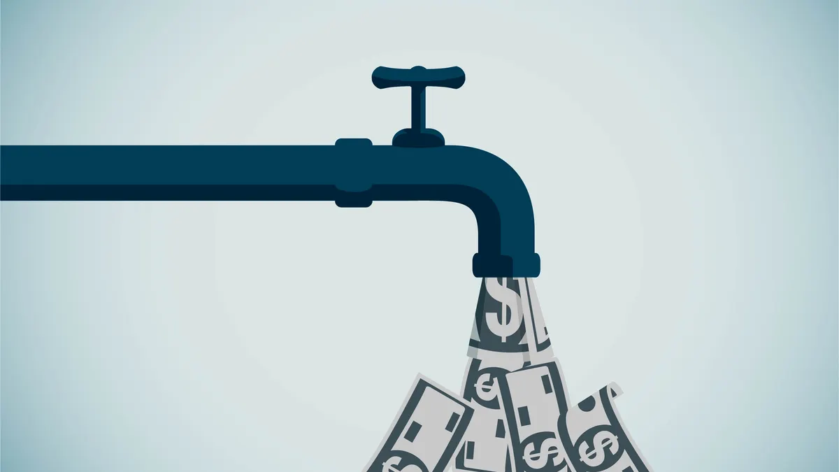 Banknotes gushing from a faucet,