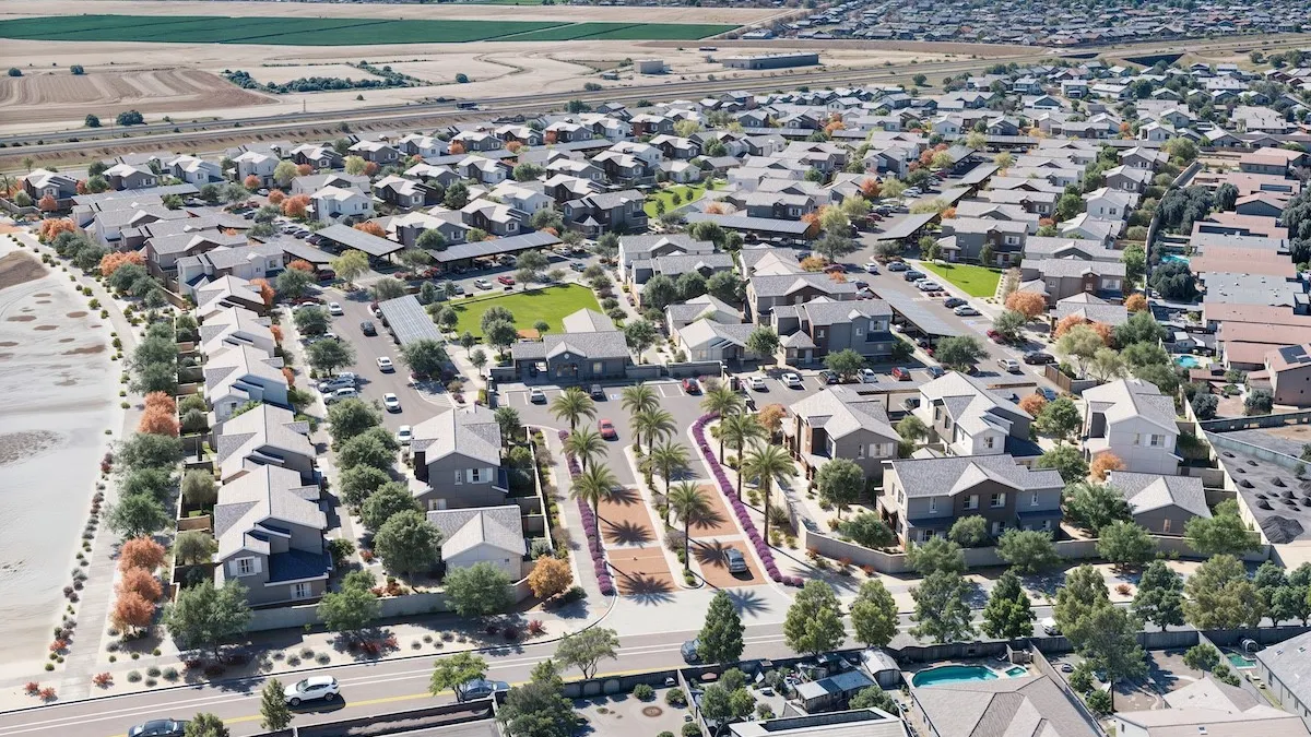 An overhead rendering of a streetscape and homes.