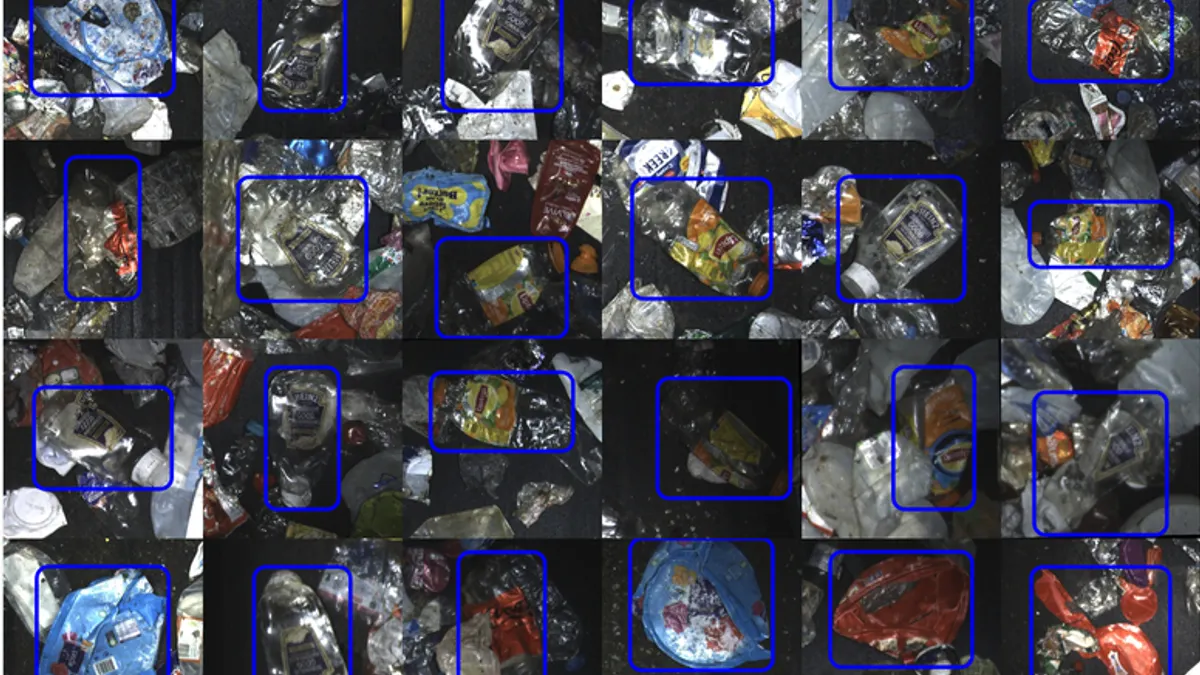 Numerous pieces of waste on a computer screen with red digital boxes around certain objects.