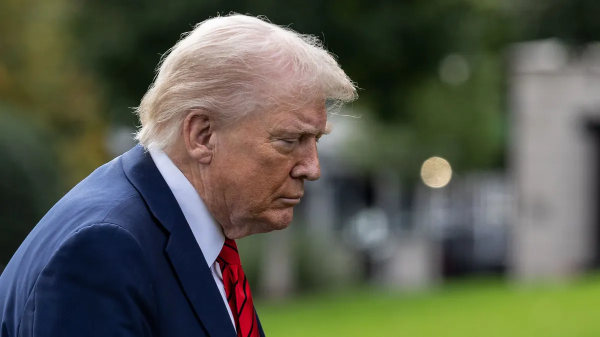 President Donald Trump walks outside the White House on Oct. 10, 2025, in Washington, D.C.