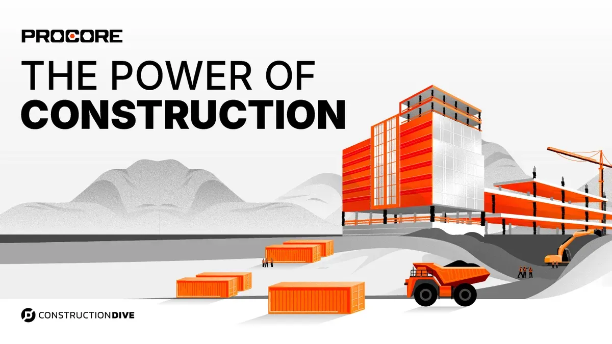 A design of a construction site with shipping containers and a dump truck.