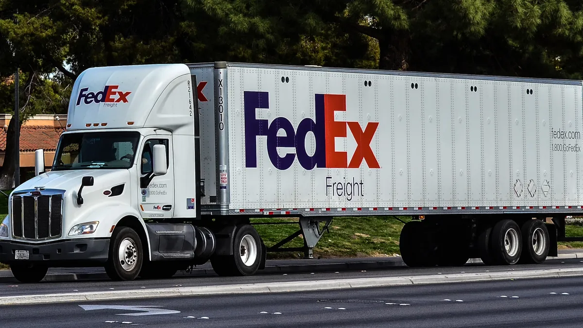 A FedEx Freight truck on the road on Oct. 21, 2021.