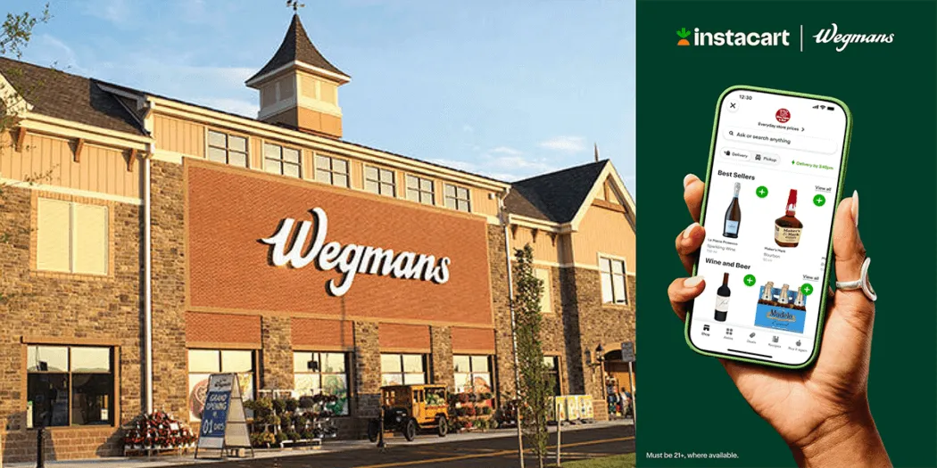 Image of an exterior of a Wegmans store next to an image of alcohol delivery on the Instacart app