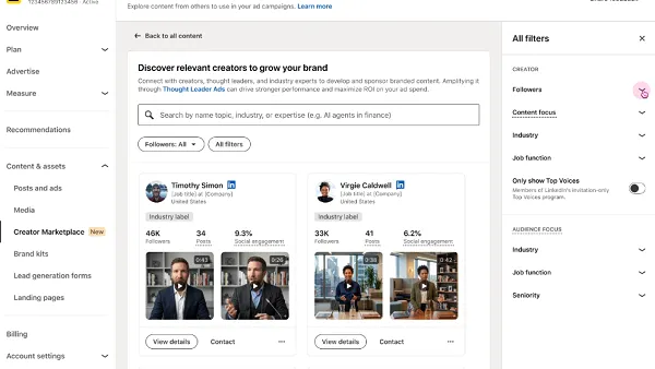 LinkedIn creator marketplace filters