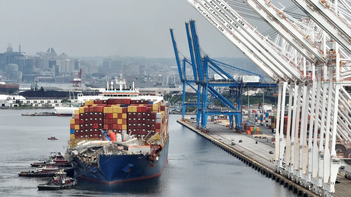 Aerial view of a damaged container ship Dali in Baltimore.