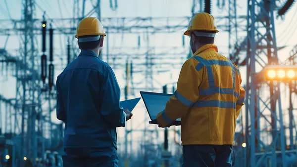 Engineer working check system of power distribution electric station.