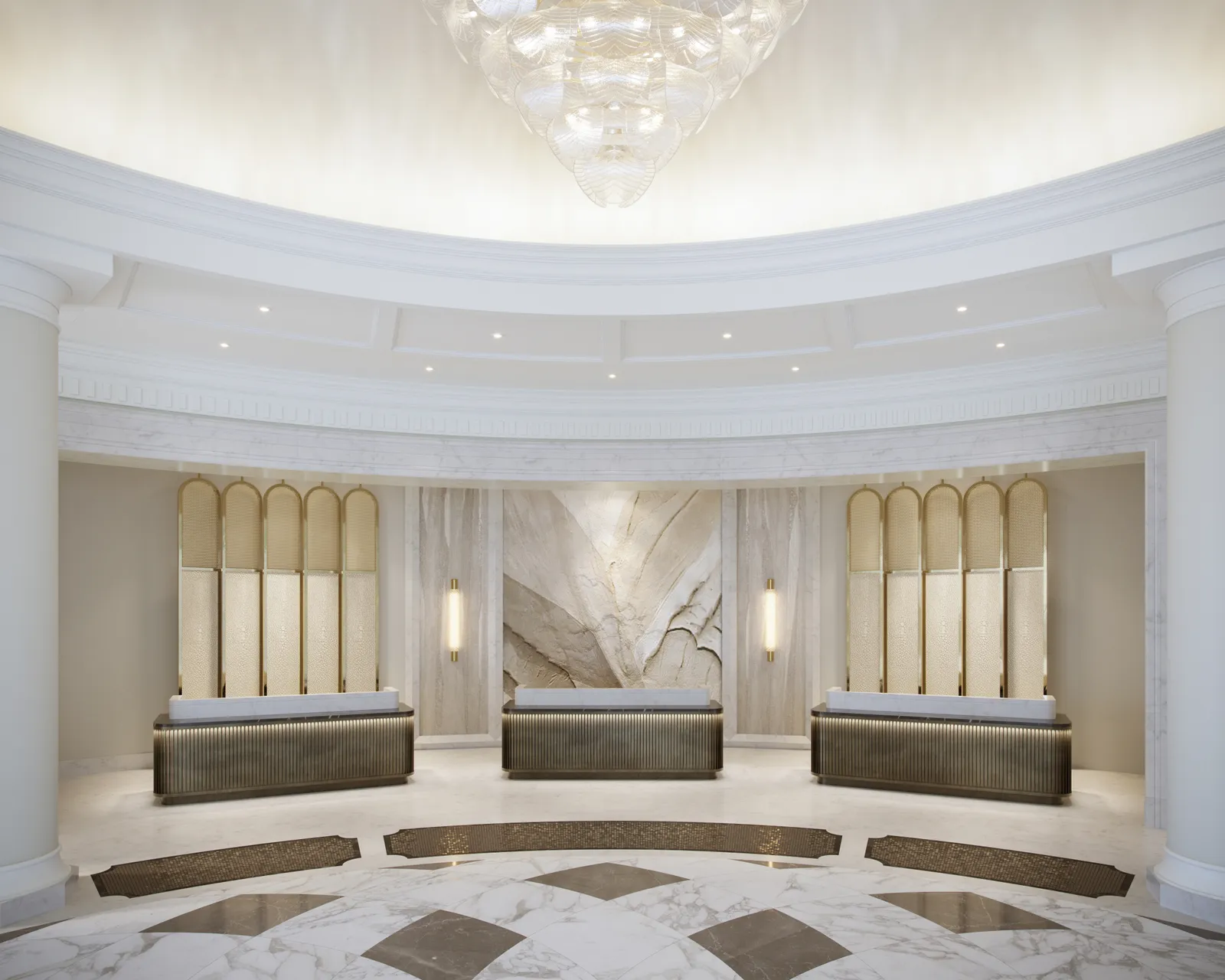 Waldorf Astoria hotel lobby with marble columns and three desks