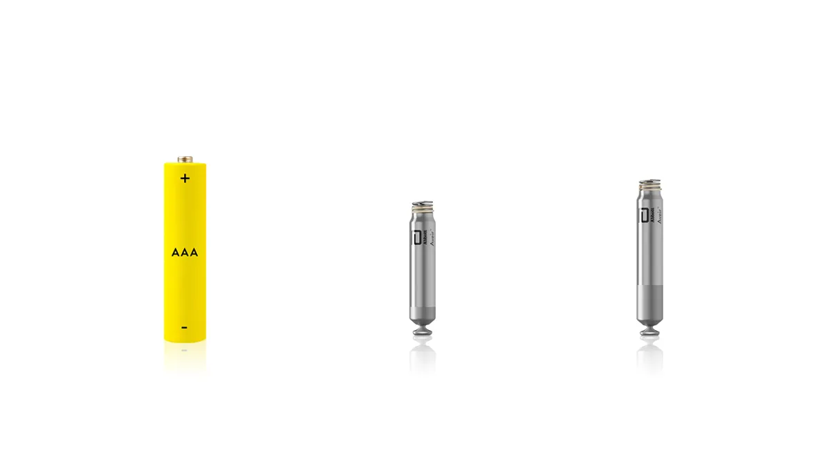 A battery that says "AAA" on the left, is compared to two small, cylindrical devices on the right.