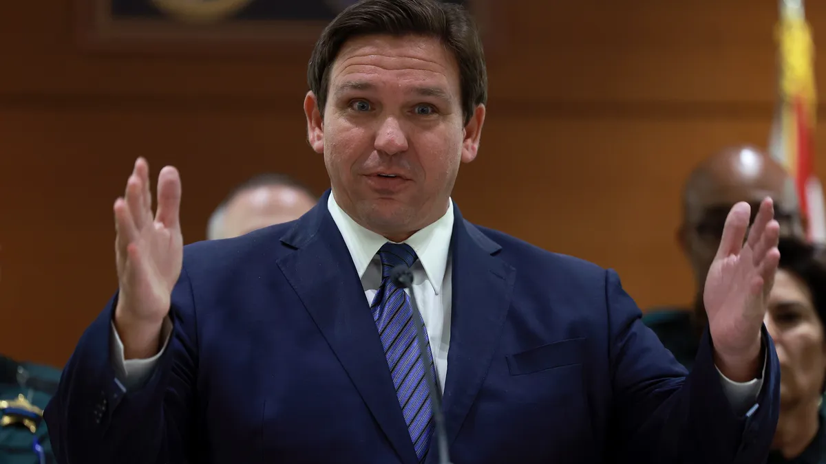 Florida Gov. Ron DeSantis speaks during a press conference held at the Cox Science Center & Aquarium on June 08, 2022 in West Palm Beach, Florida.