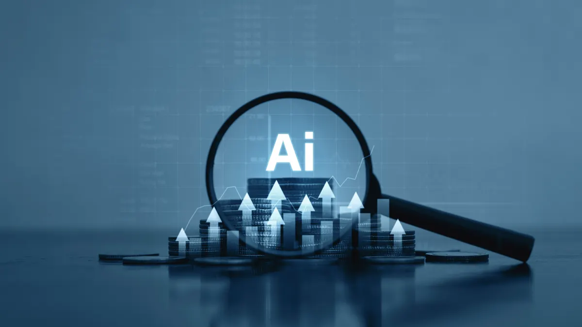 A magnifying glass over a pile of coins, multiple up-facing arrows and the text "AI," set across a grayish blue background