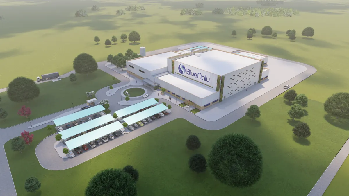 An overhead view of a rendering of BlueNalu's planned commercial-scale cell-based seafood facility and parking area.