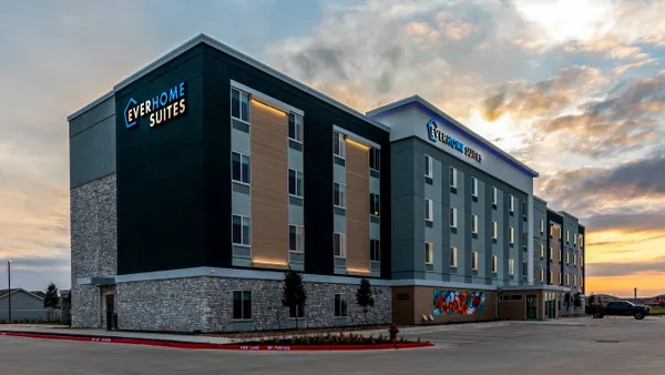 The exterior of the Everhome Suites Bastrop extended stay hotel by Choice Hotels.