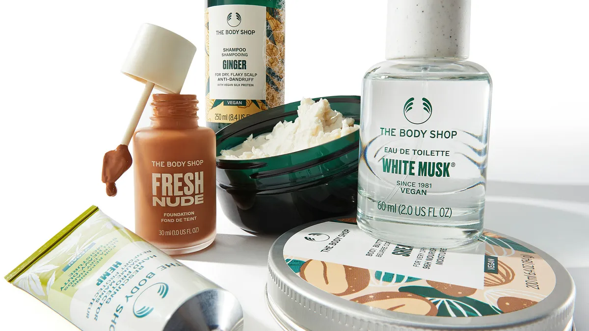 A selection of Body Shop products on a white background.