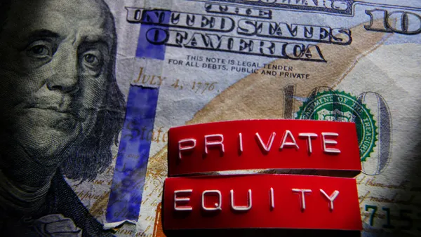 Red private equity labels on a U.S. hundred-dollar bill.