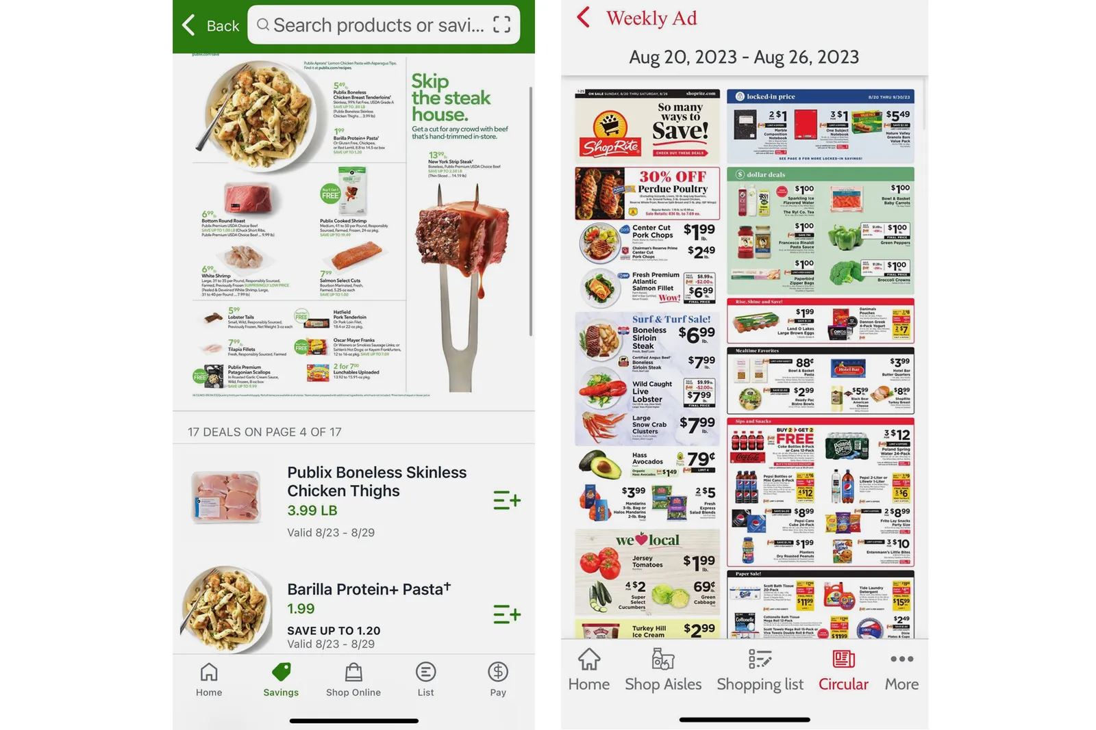 Side-by-side of Publix and ShopRite in-app weekly circulars