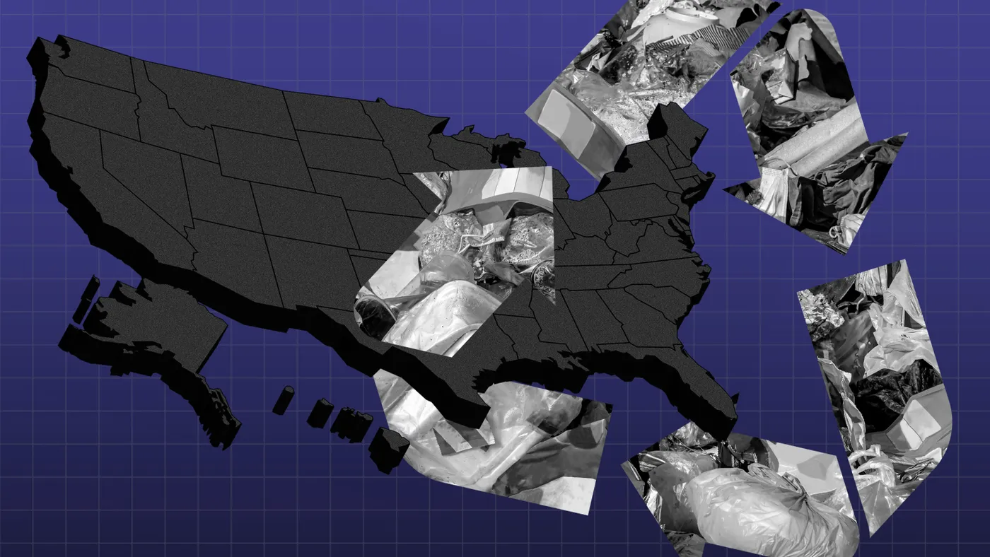 United States map with recycling arrows superimposed on top