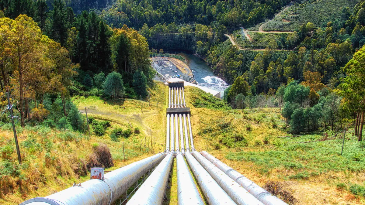 Five large gray pipes, which are surrounded by trees, lead up from a reservoir of water up the side of a mountain.