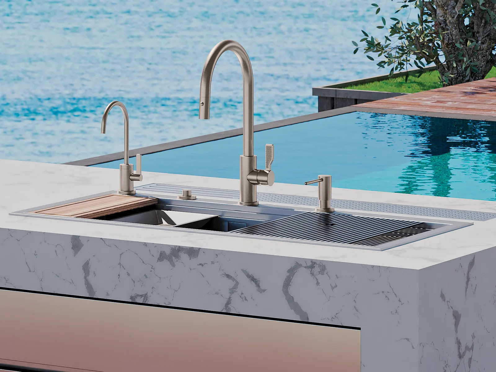 A kitchen faucet on a counter outdoors.