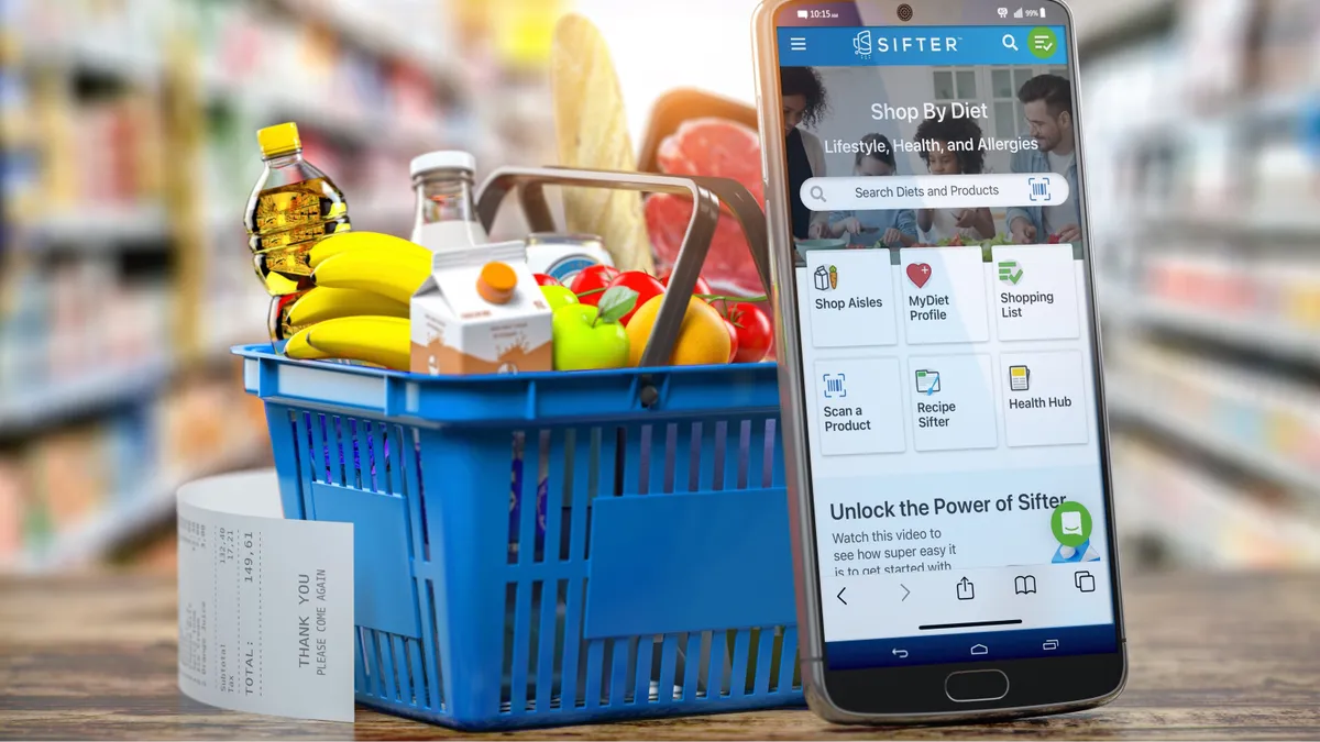 The Sifter app on a smartphone next to a basket of groceries.