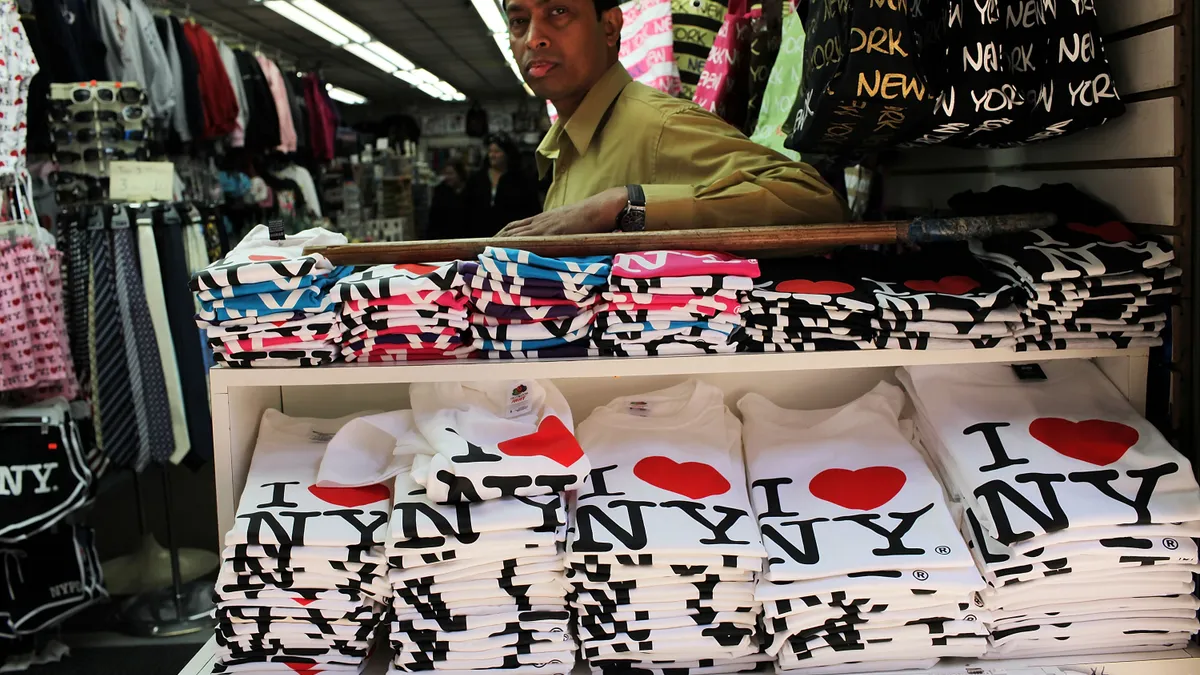 Shirts bearing the "I Love New York" logo are displayed at a store in Times Square on May 10, 2010 in New York City.