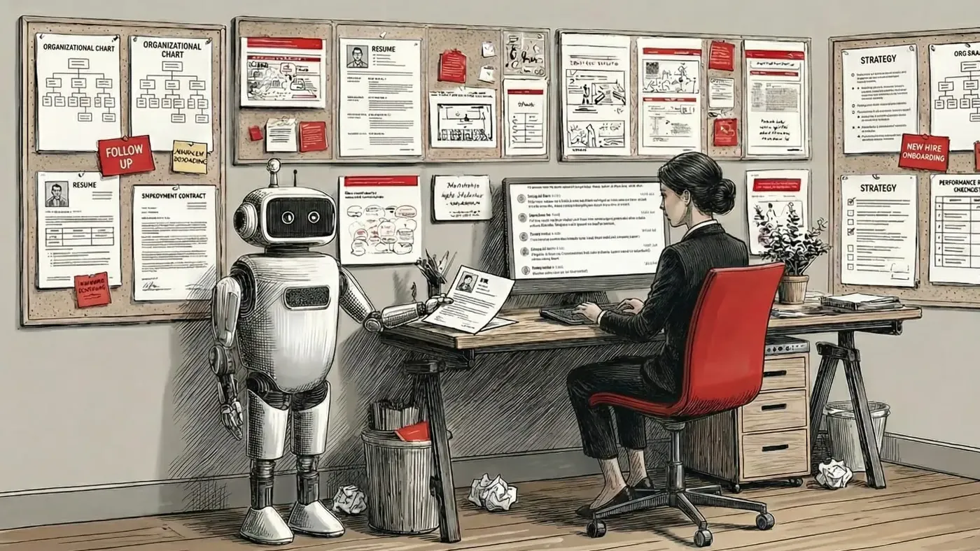 Illustration of a small humanoid robot handing a résumé to an HR professional seated at a desk.