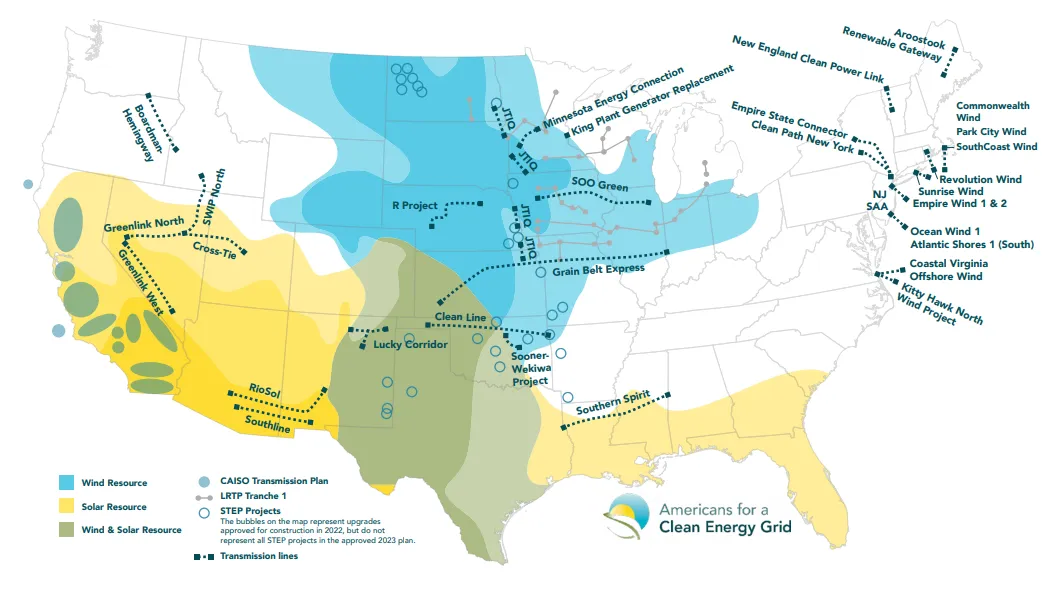 A map of ready-to-go transmission projects with wind and solar regions in the U.S.