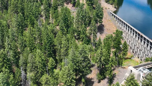 An aerial shot of the Tiger Creek Regulator Dam near Pioneer, Calif.
