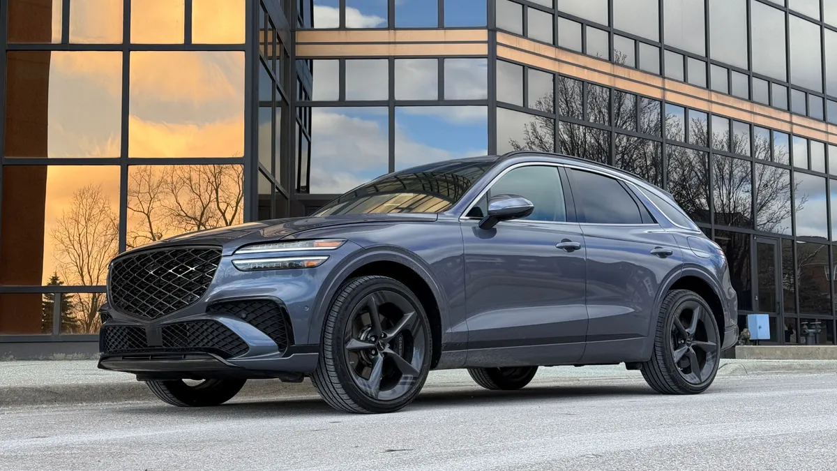 The 2026 Genesis GV70 3.5T Sport Prestige AWD has a bold, well-crafted exterior shows it is a confident compact SUV all around.