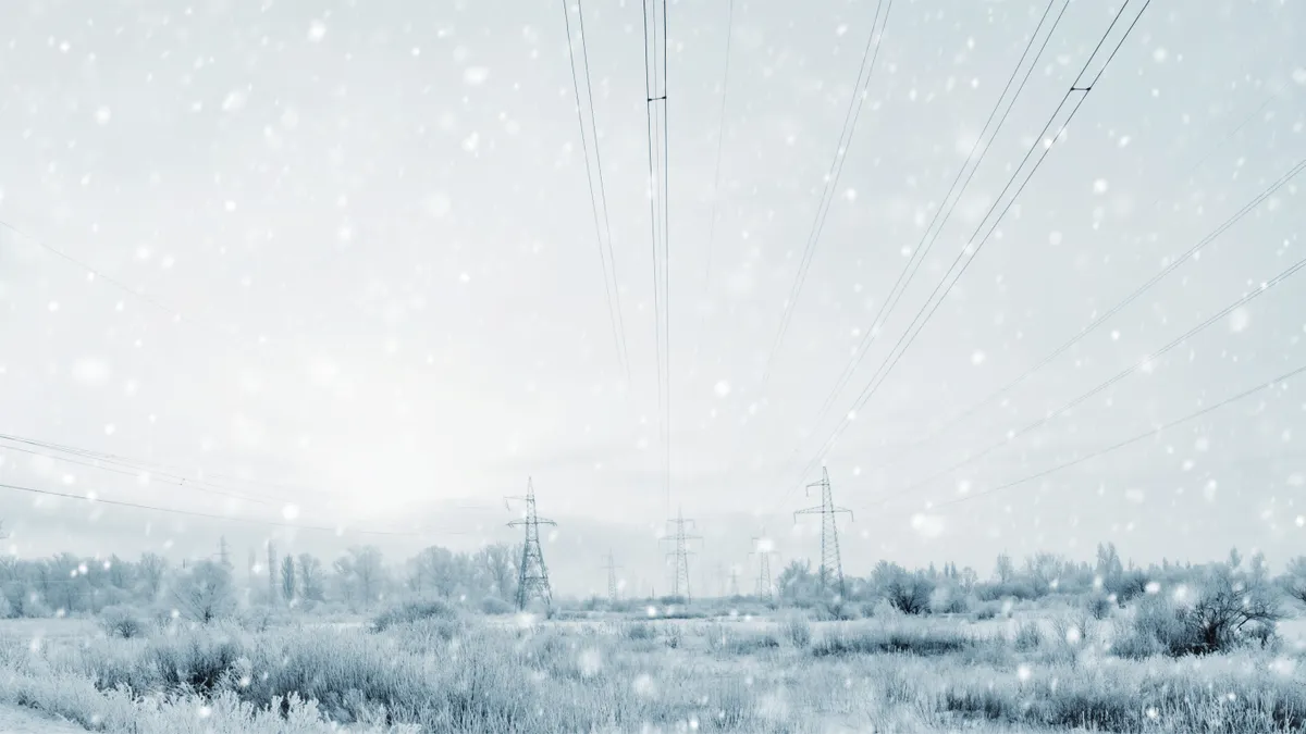 Long lines of powerline towers stretching across a Winter Storm with a Blizzard.