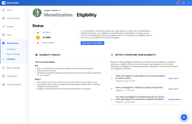 Facebook video ad eligibility check in Creator Studio