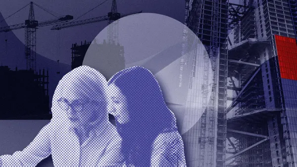 Stylized illustration of two people in close profile in the foreground, rendered in a blue halftone pattern. Behind them, construction cranes and a high-rise building under construction appear in dark purple tones, with a large translucent circle overlay and a small red grid section on the right side of the building.