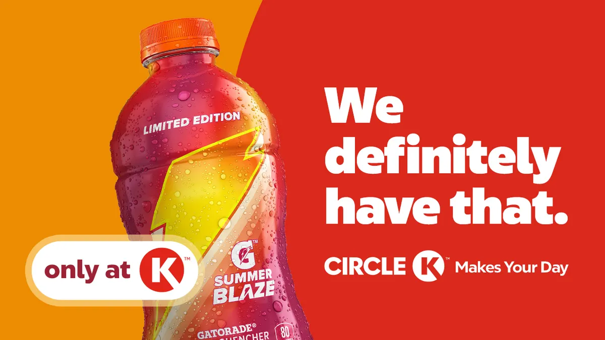 A photo of a bottle against a red and orange background. Text on the image says "We definitely have that. Circle K makes your day" while the bottle says "Limited edition Summer Blaze Gatorade."