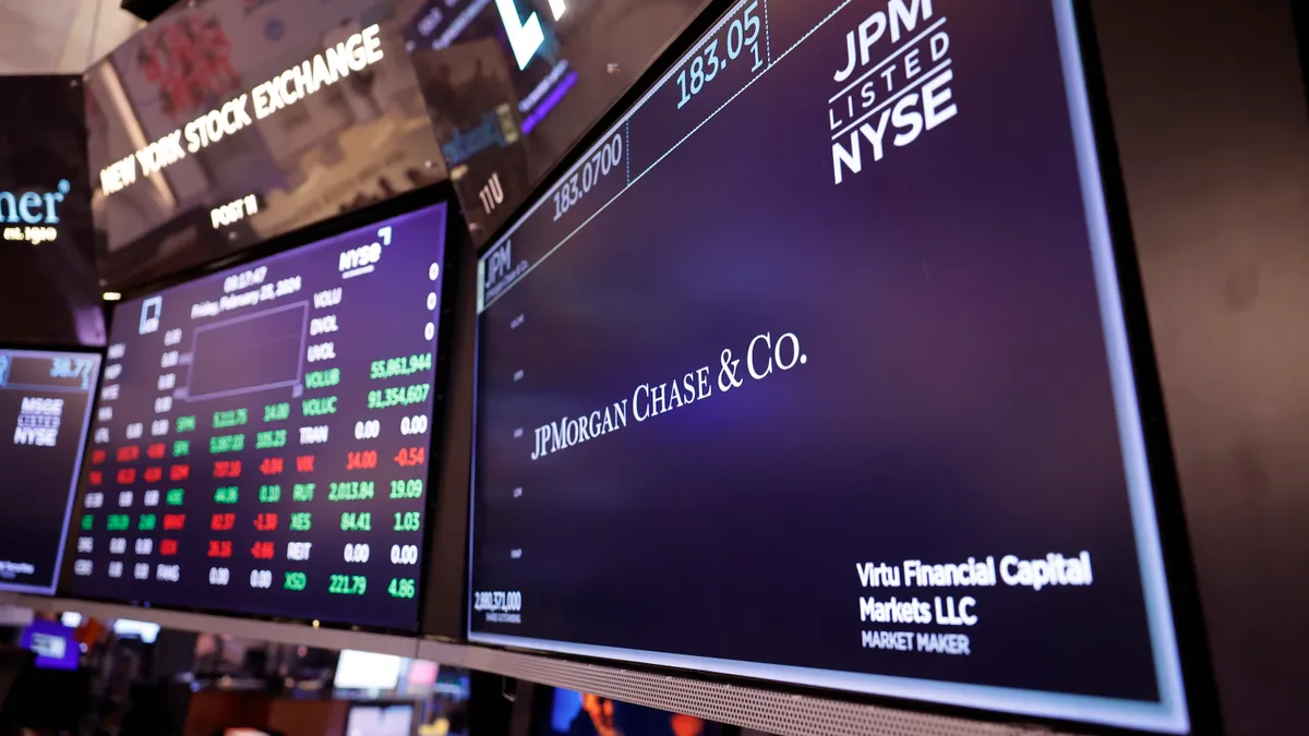 The JP Morgan Chase & Co. company logo is displayed on a screen at the New York Stock Exchange during morning trading on February 23, 2024 in New York City.