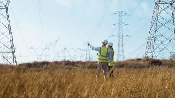 Two people stand near electric transmission lines.