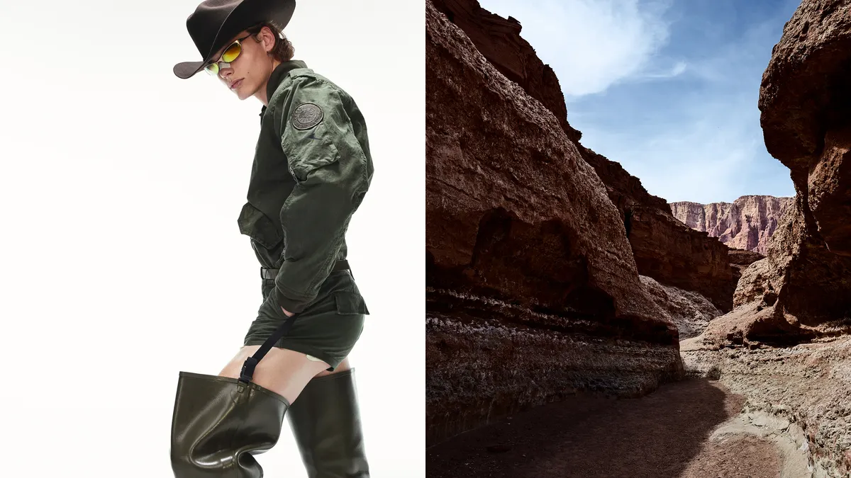 A person in green clothing and boots, with a cowboy hat and sunglasses, is positioned next to a desert landscape.