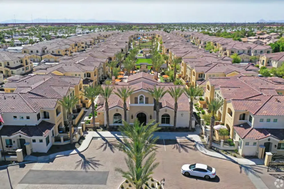 An overhead view of a housing development.