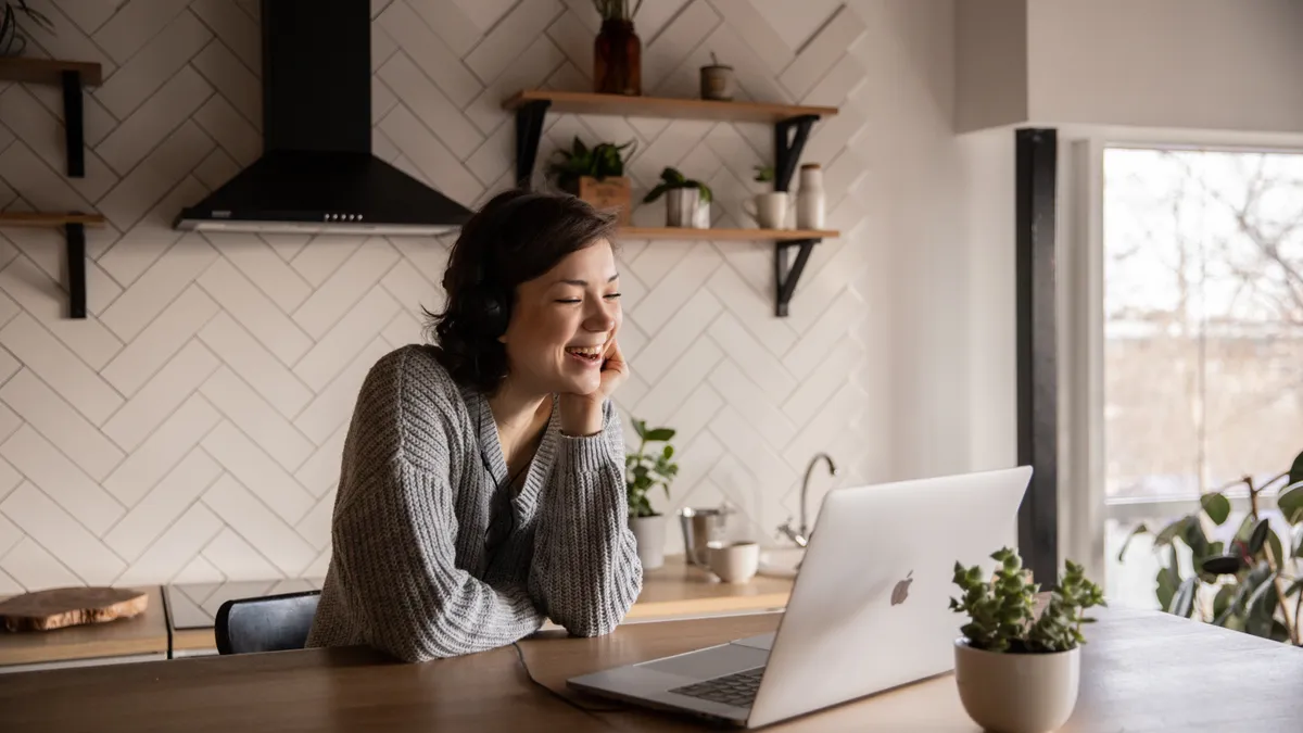 A woman works from home