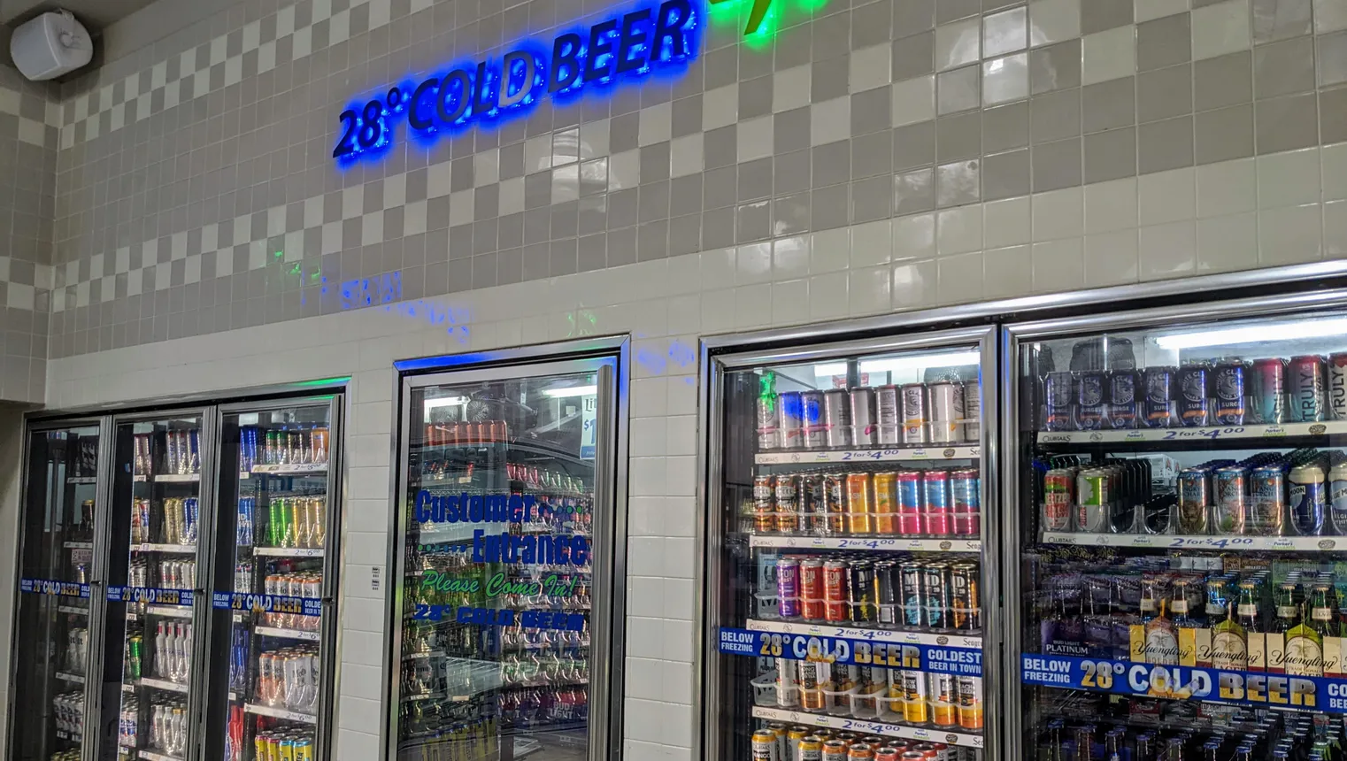 Walk-in beer fridges with beer and ready-to-drink cocktails at Parker&#x27;s