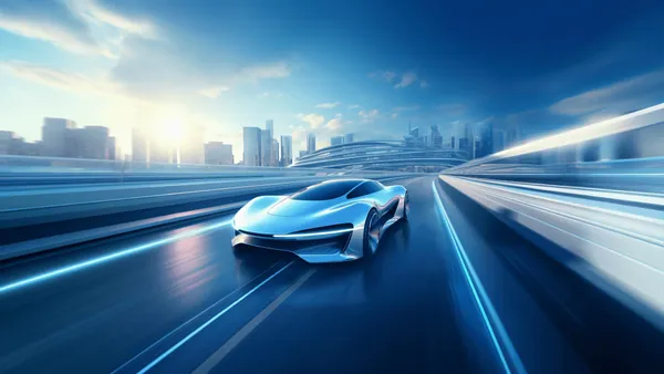 An AI generated image of a futuristic car driving fast on the road with a city background