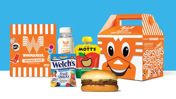 Fast food kids meal with orange packaging.