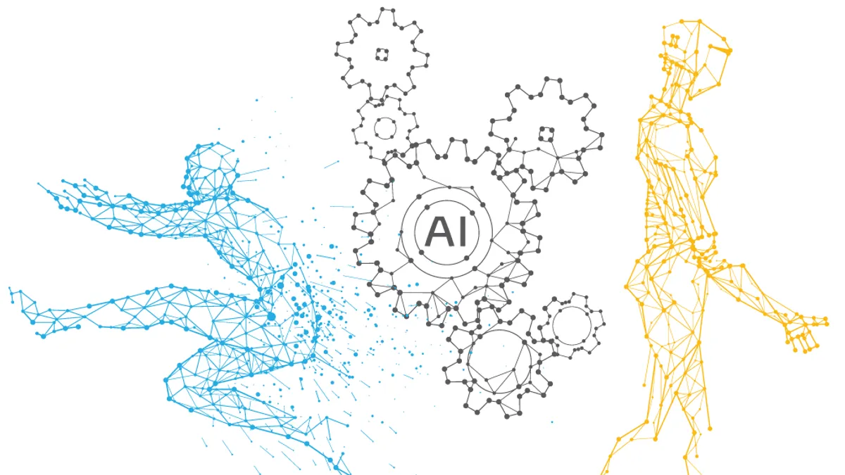 A drawing made up of lines and dots of a blue figure on the left that appears to be jumping, and cloud of gears with the letters AI at the center of it, and a yellow figure walking off on the right.