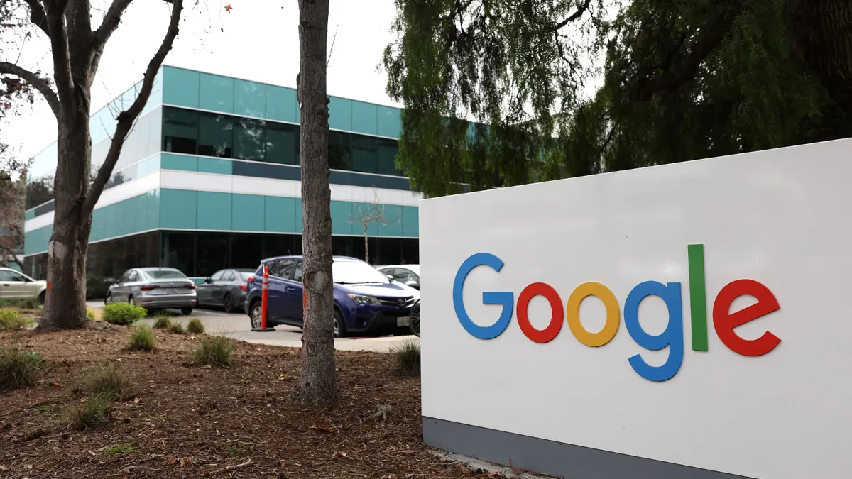 A sign is posted in front of an office at Google headquarters on February 02, 2023 in Mountain View, California.