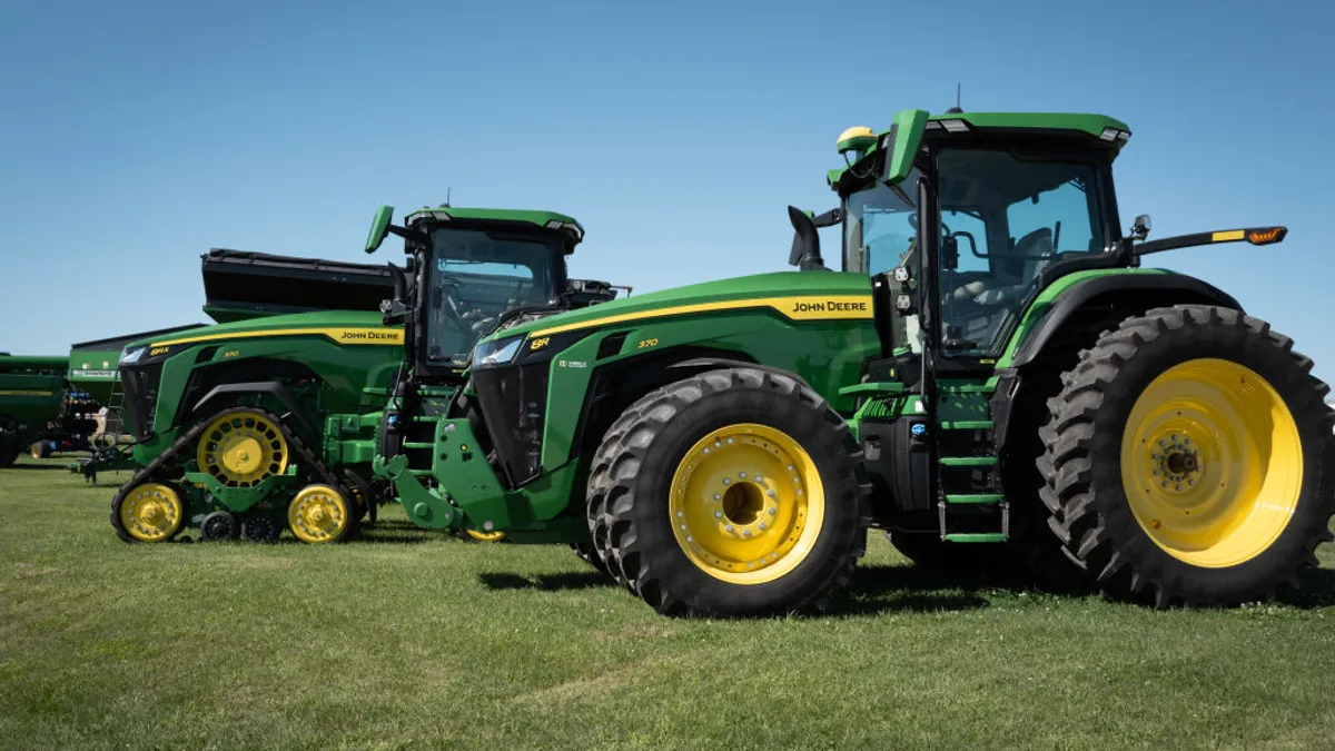 John Deere farm equipment is seen