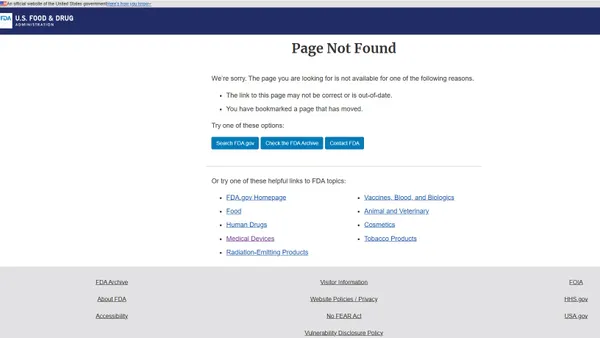 An FDA webpage reads "Page Not Found."