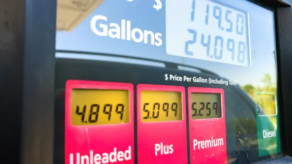 A close up of a gas pump that shows unleaded, plus and premium fuel with prices over $4 and $5 a gallon.