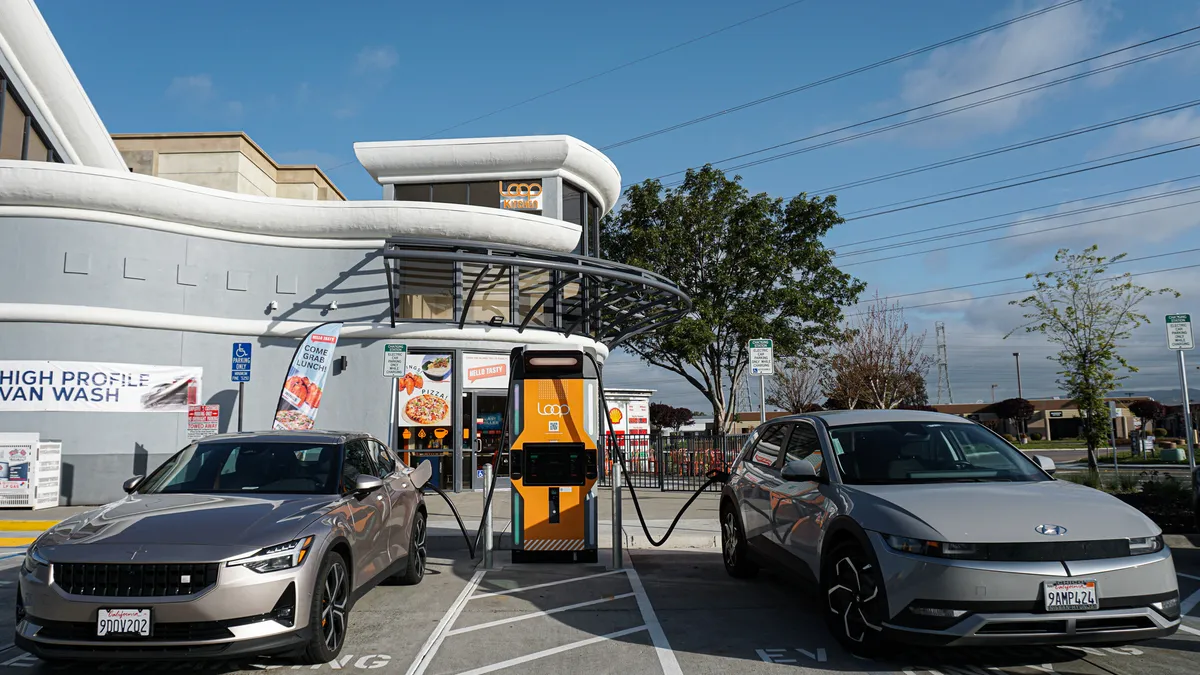 A photo of EV chargers at a Loop Neighborhood Market in Fremont, California.